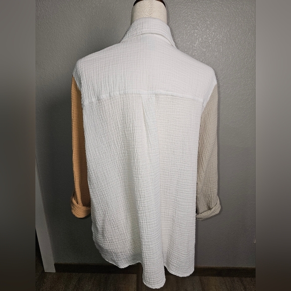 Shannon Passero Colorblock Button Up Gauzy 100% Cotton Shirt.  Tan Cream.  Lg - Picture 5 of 13